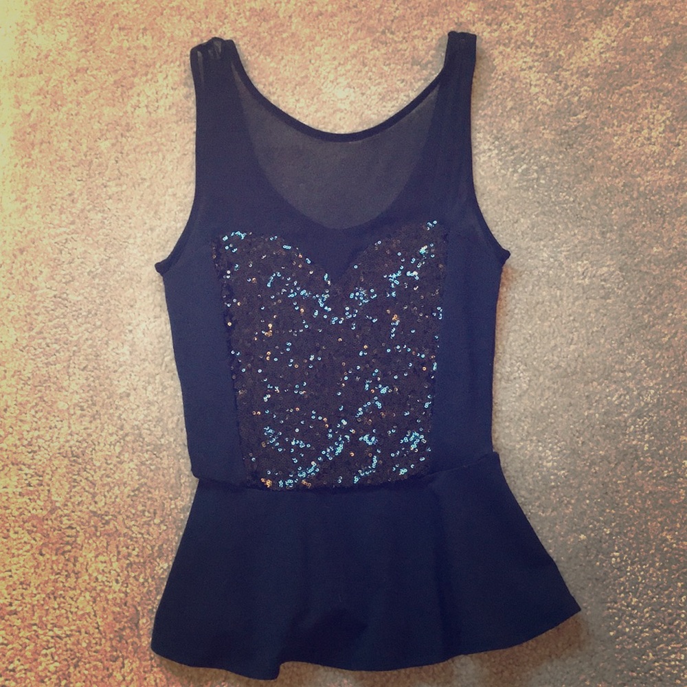 Bebe black sequin peplum tank top size S